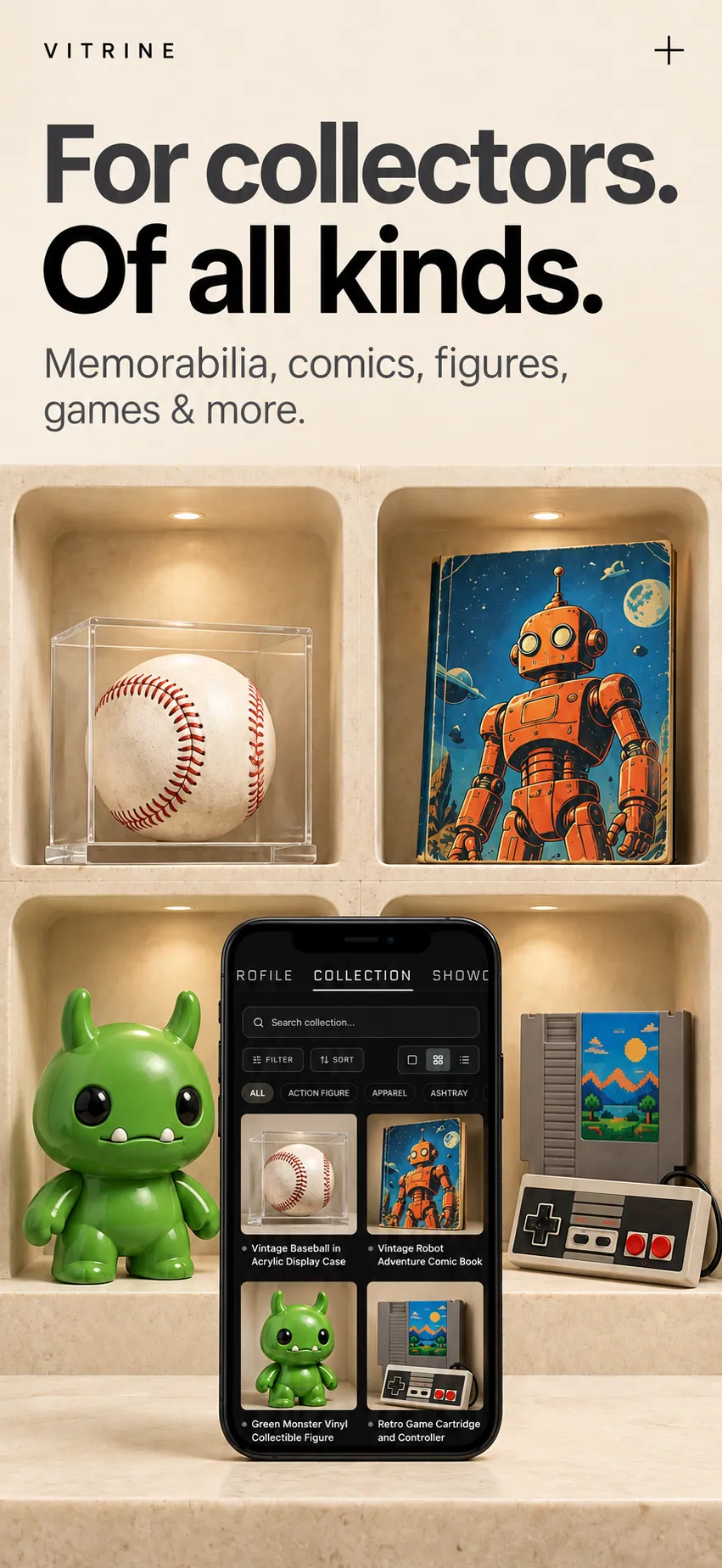 Vitrine’s collection screen with a grid of memorabilia, comics, figures and games