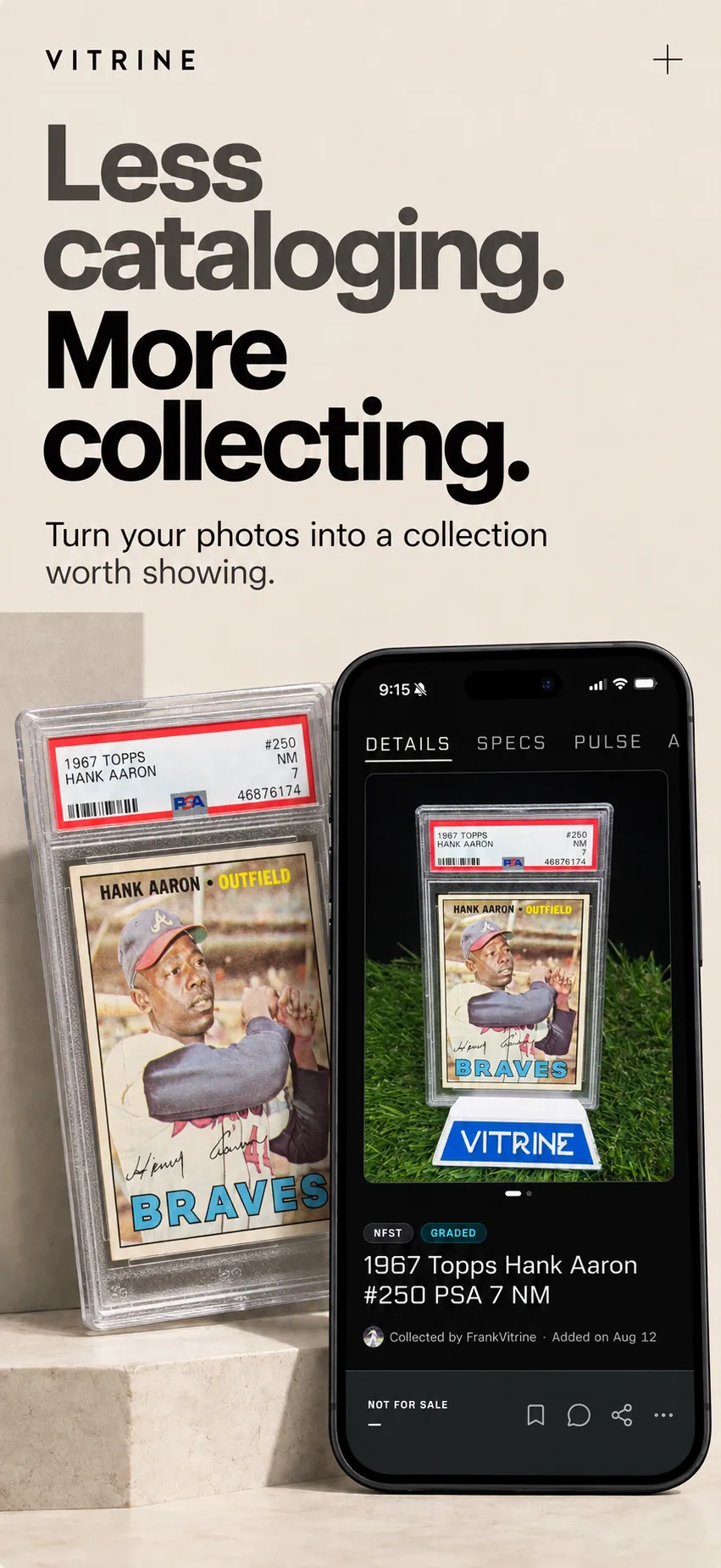 1967 Topps Hank Aaron #250 in a PSA 7 NM slab, photographed on a Vitrine stand
